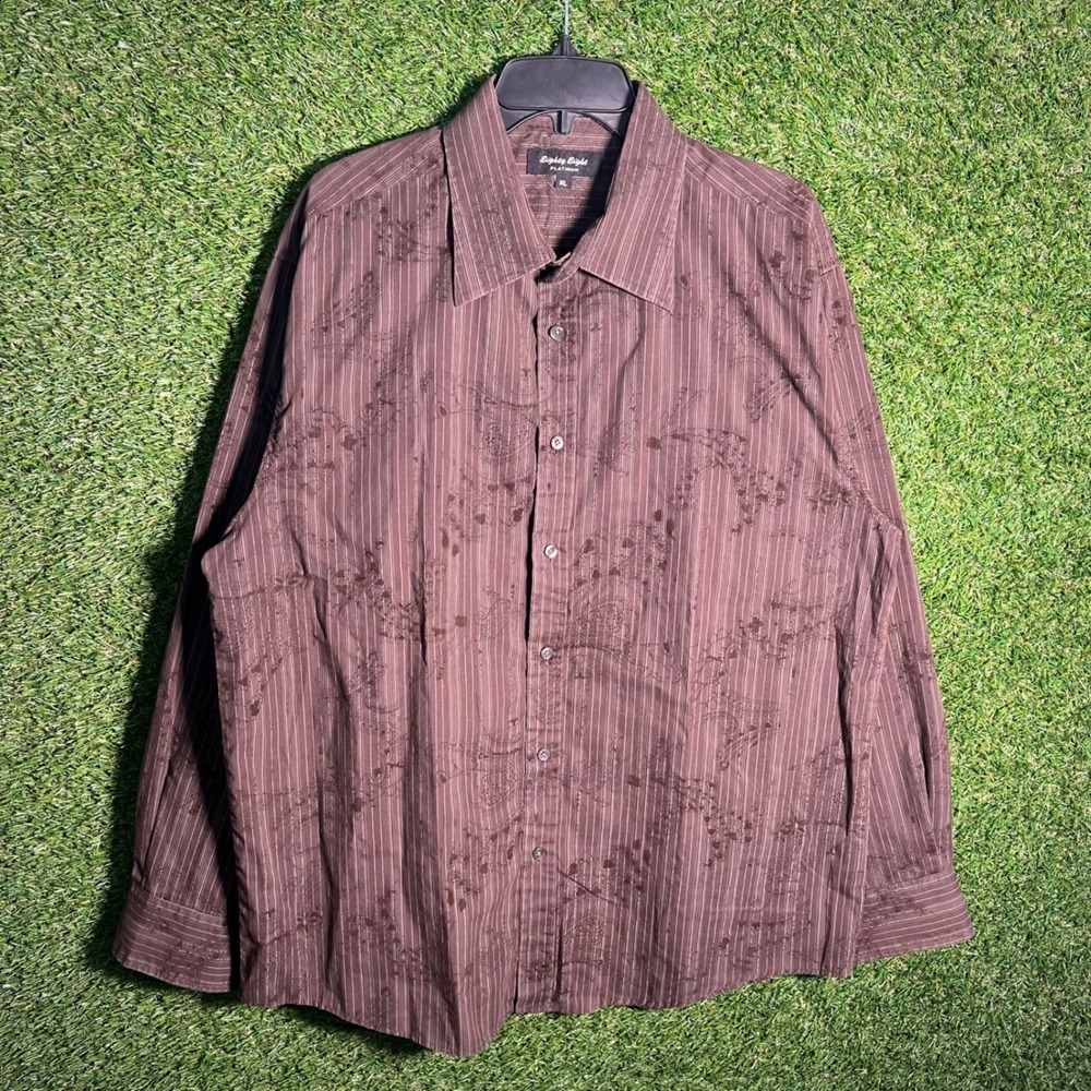 Eighty Eight Platinum Mens XL Brown Pinstripe Embroidered Long Sleeve Shirt